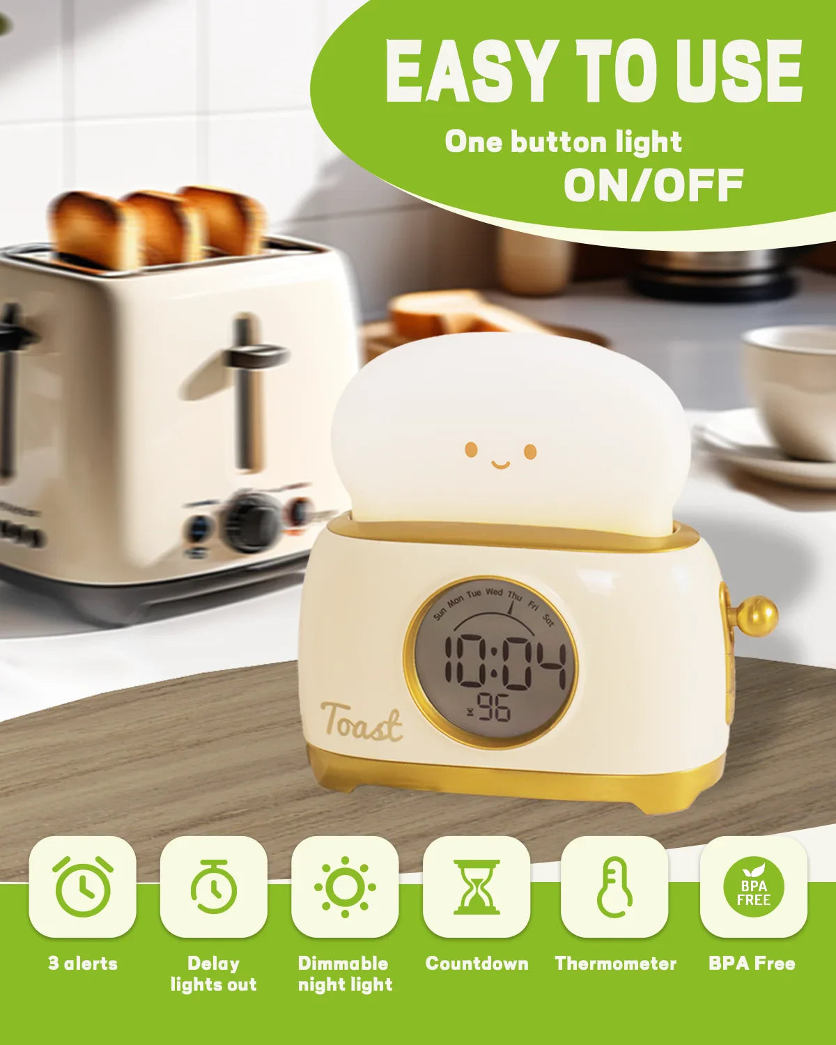 Cute Toast Alarm Clock with LED Display and Night Light