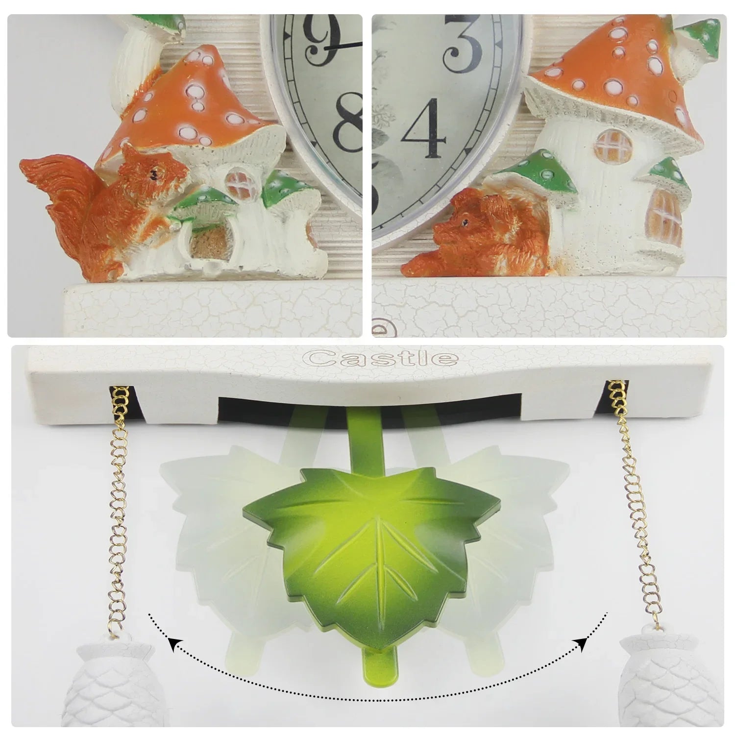 Side view of resin cuckoo clock showing sculpted animals and tree details