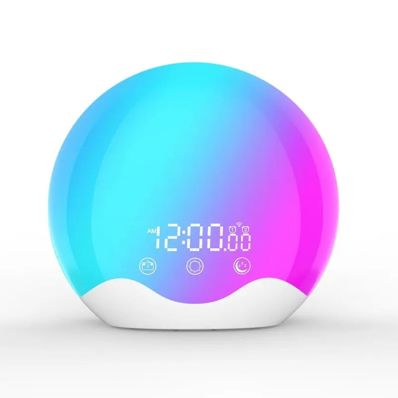 Alarm clock with FM radio and natural sound settings on nightstand
