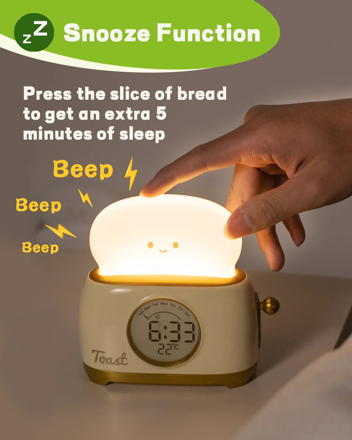 Cute Toast Alarm Clock with LED Display and Night Light