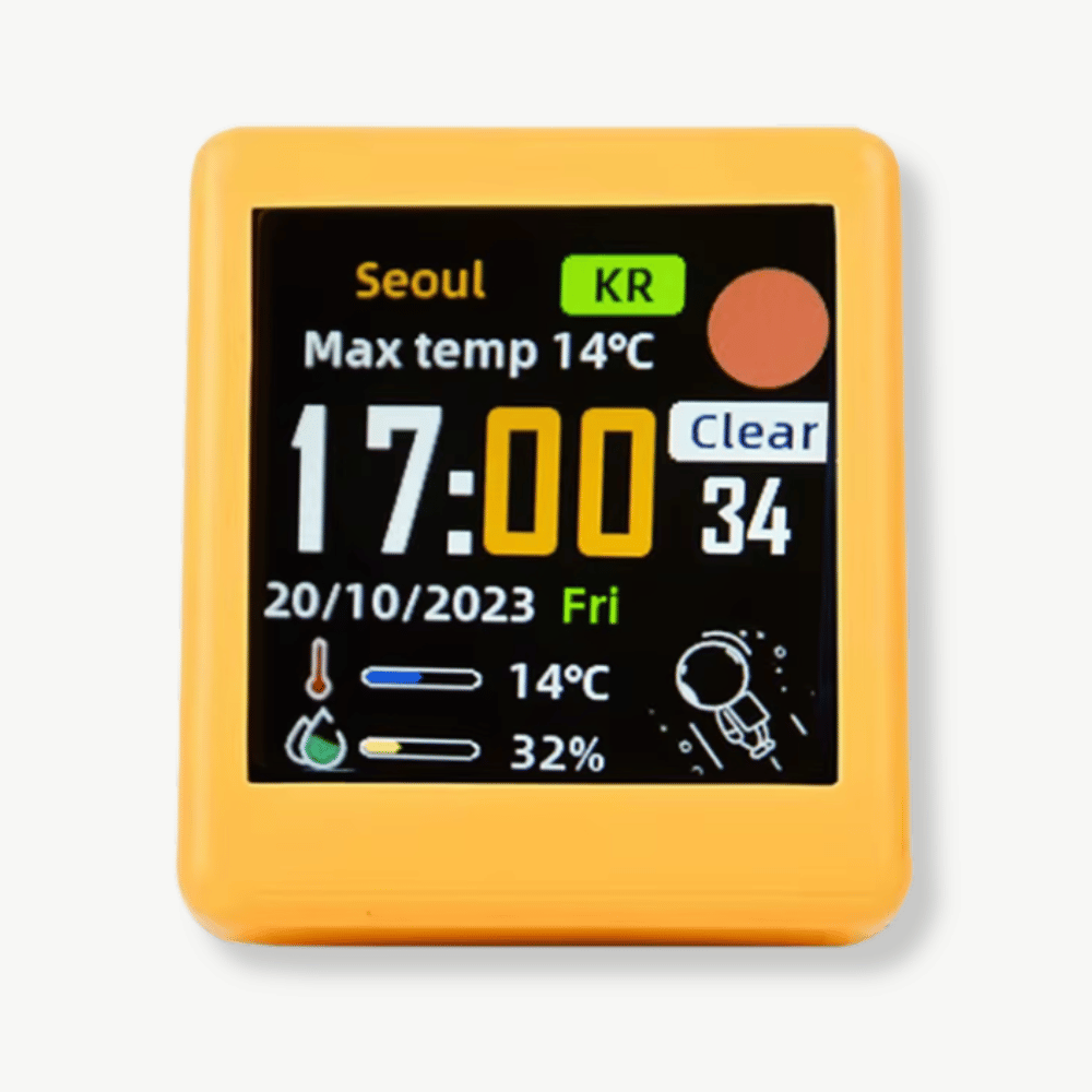 Smart portable Wi-Fi alarm clock in white showing time and weather on digital display