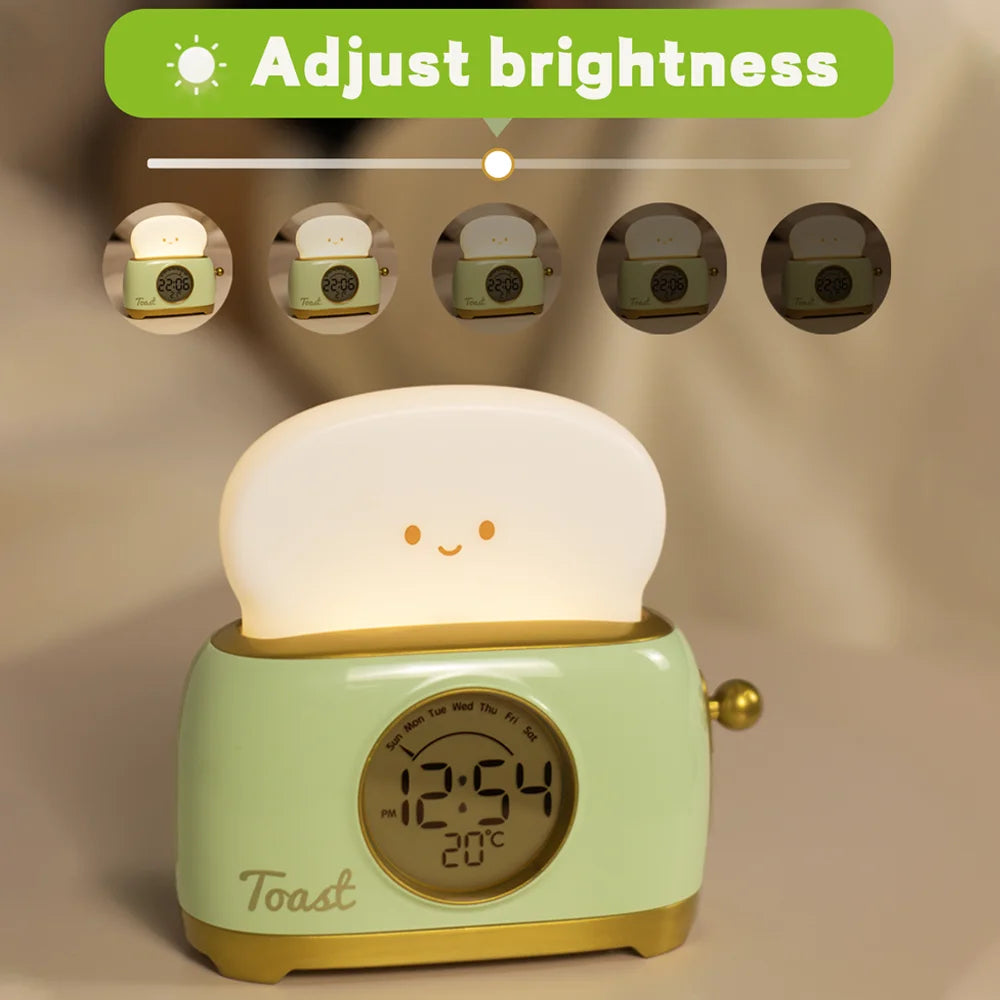 Yellow LED digital alarm clock for children showing temperature display
