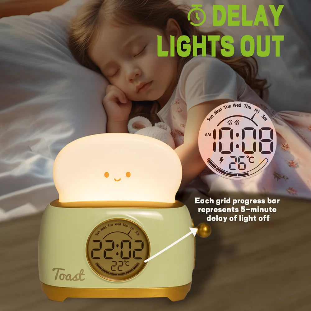 Close-up of LED temperature and time display on kids alarm clock