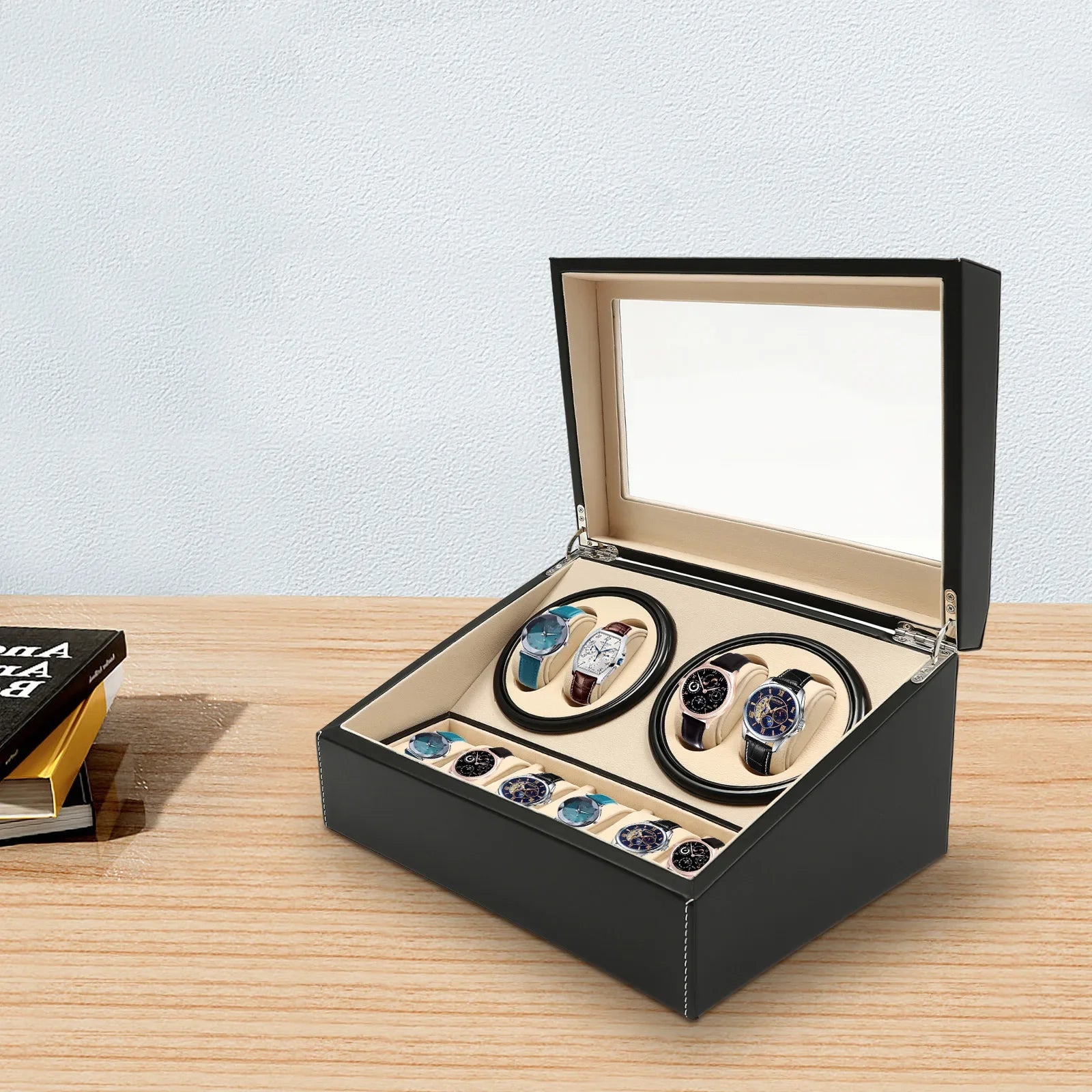 Elegant automatic watch winder box with glass lid in brown showing 10 watch slots