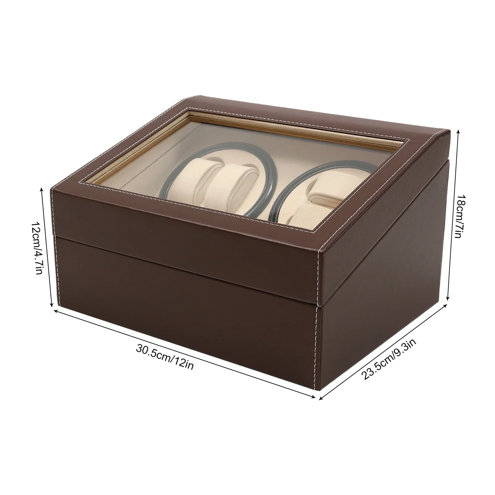 Black watch winder box open displaying watches on flannel cushions