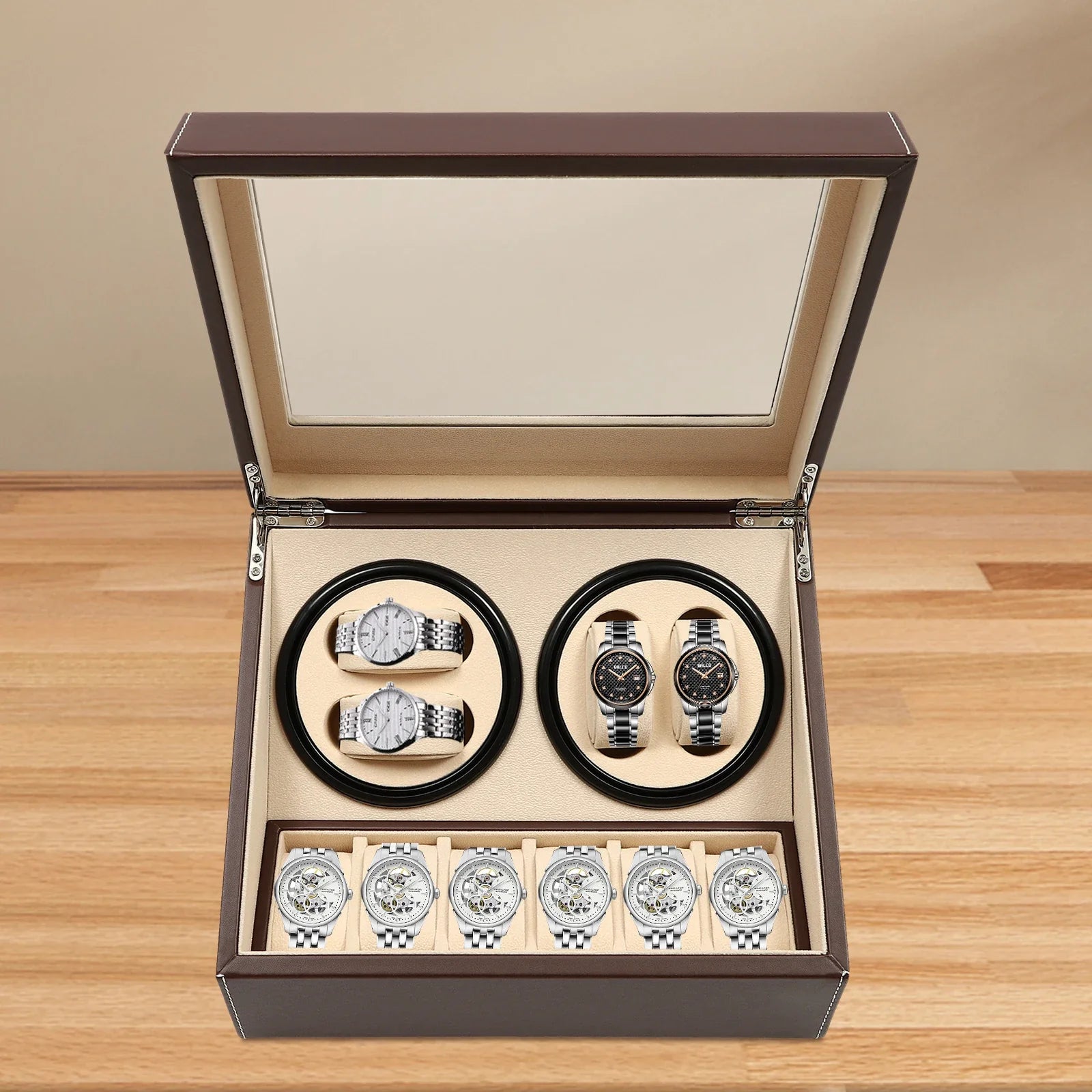 Close-up of silent motor watch winder compartments measuring 7 x 3.5 x 4 cm
