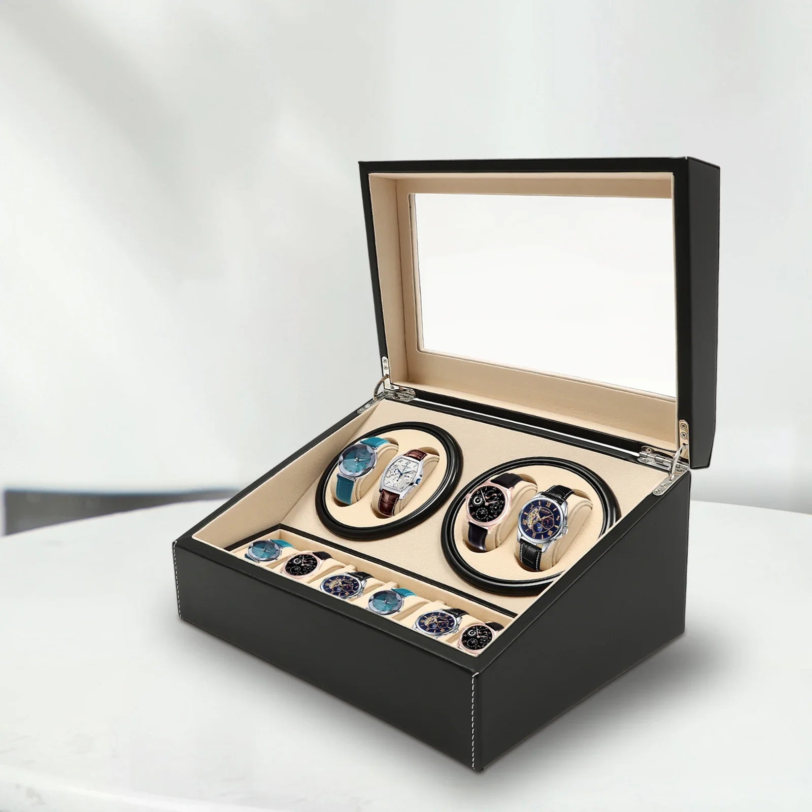Watch display case with transparent glass lid protecting collection from dust
