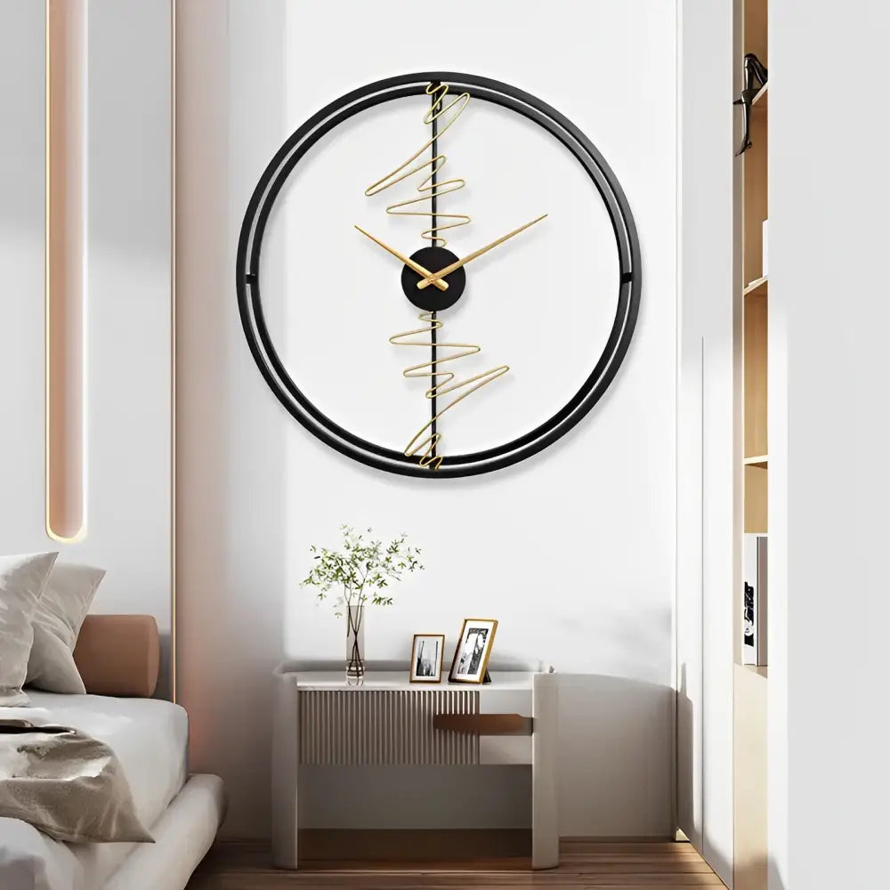 Gold abstract circle wall clock 60 cm hanging in modern living room