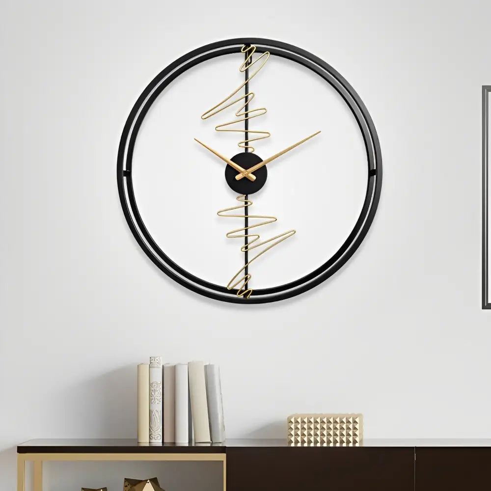 Close-up of metal dial plate and clock hands on abstract circle wall clock