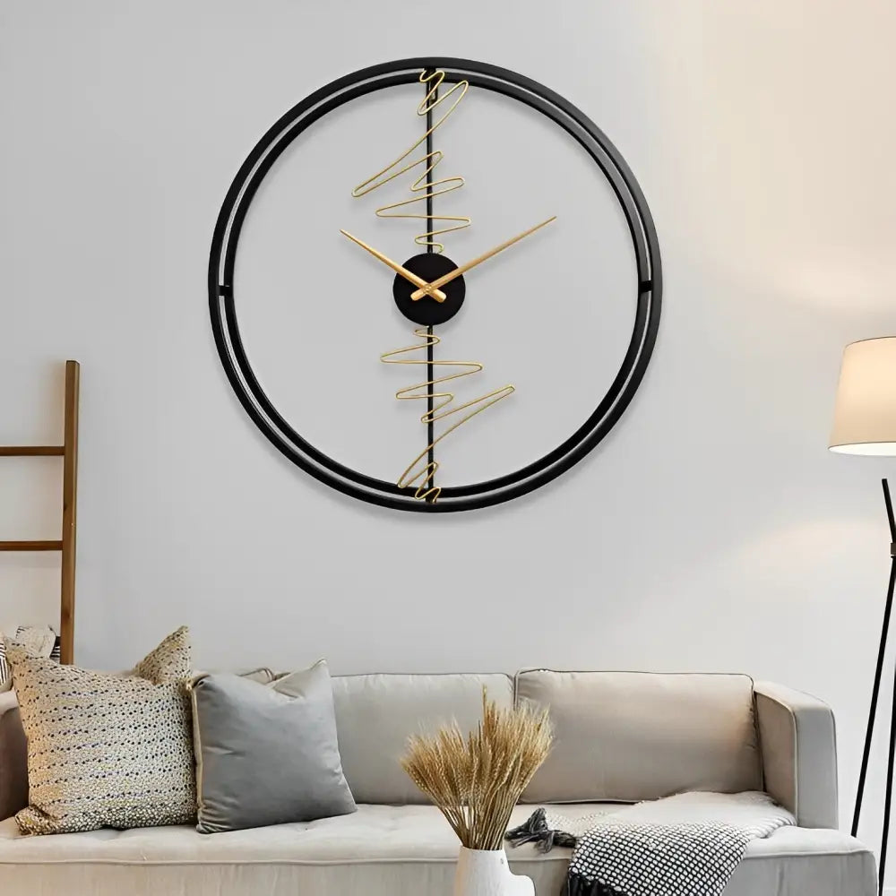 Black abstract wall clock 60 cm side profile showing 15 mm thick metal body