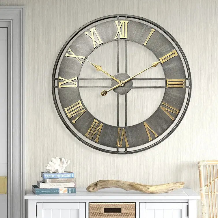 Close-up of silent quartz movement on aged metal wall clock