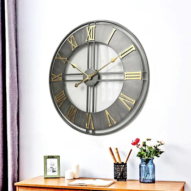 Large 60 cm distressed metal wall clock in a modern living room