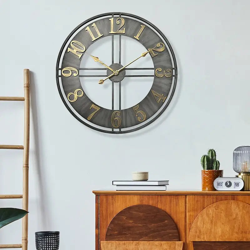 Retro loft wall clock with golden Roman numerals - side angle view