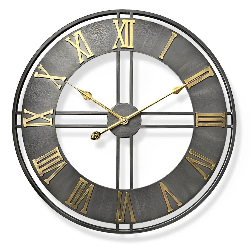 Industrial wall clock aged metal finish displayed in a home office