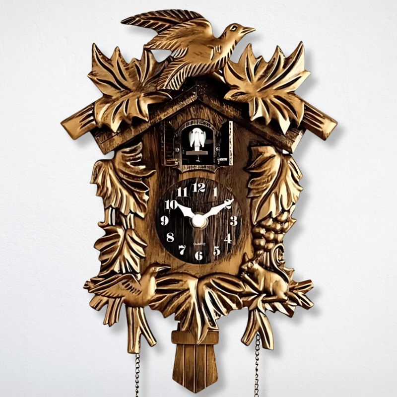 Close-up of eco resin cuckoo clock showing carved wood-look detail