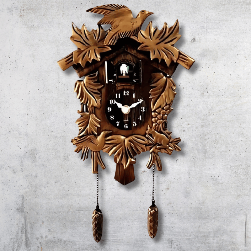 Cuckoo clock front view showing clock face and decorative trim