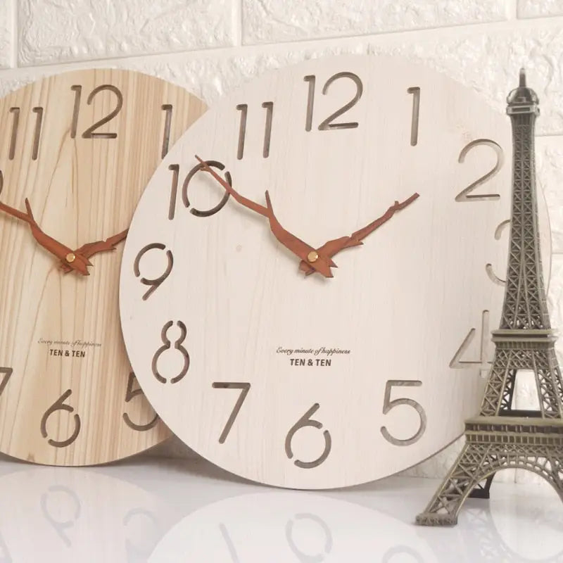 30 cm round bamboo and MDF wall clock close-up face detail