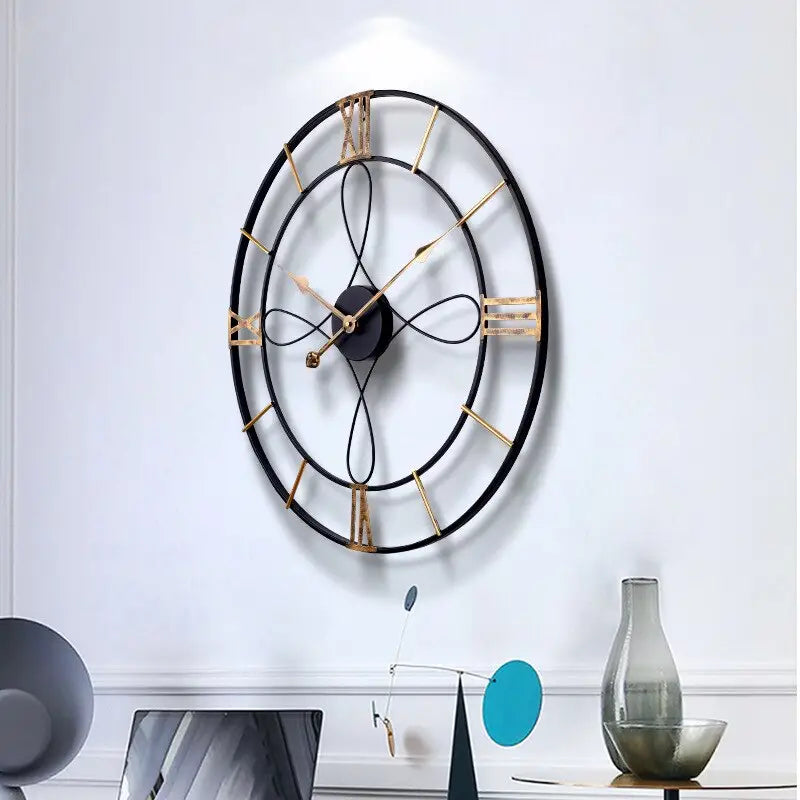Black and gold circular wall clock displayed in a modern dining room