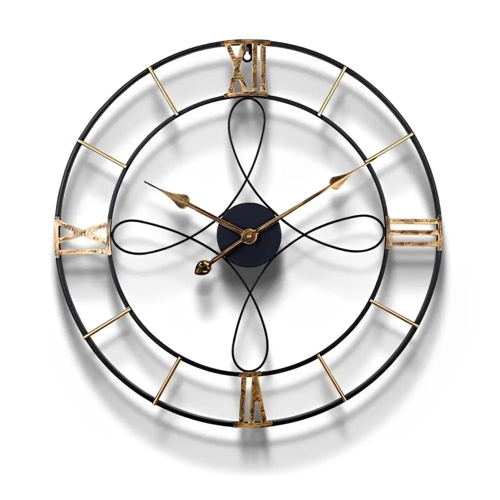 Full front view of 60 cm black and gold forged iron wall clock