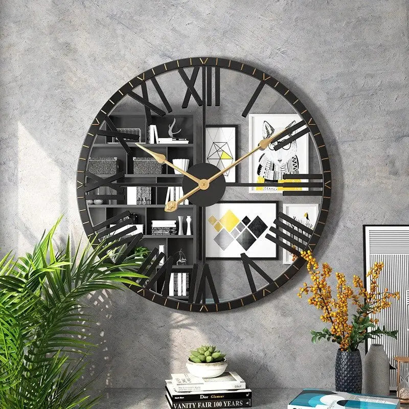 Close-up of reflective plexiglass face and metal frame of black gold wall clock