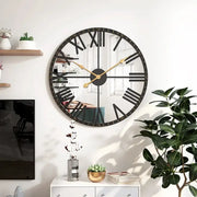 Black wall clock with Roman numerals and mirror - wall clock