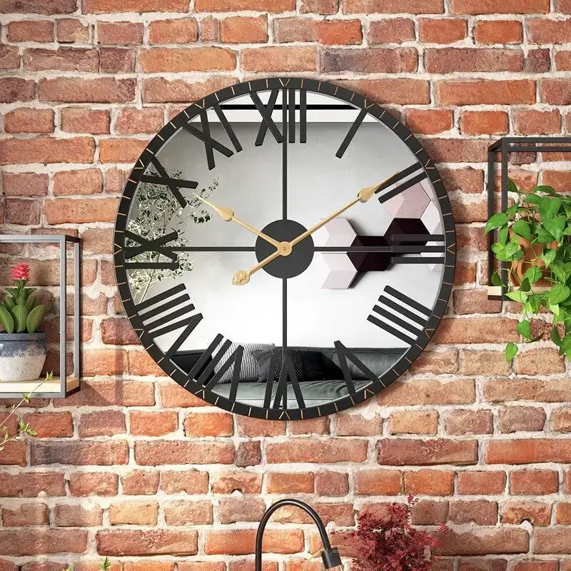 Black wall clock with Roman numerals and mirror - wall clock