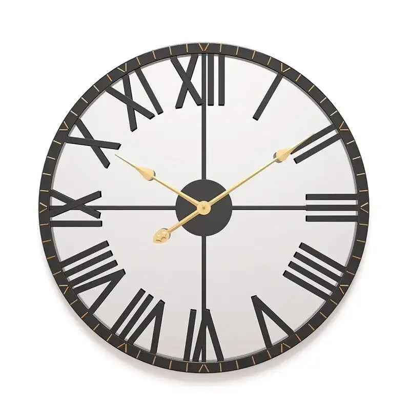 Black wall clock with Roman numerals and mirror - wall clock