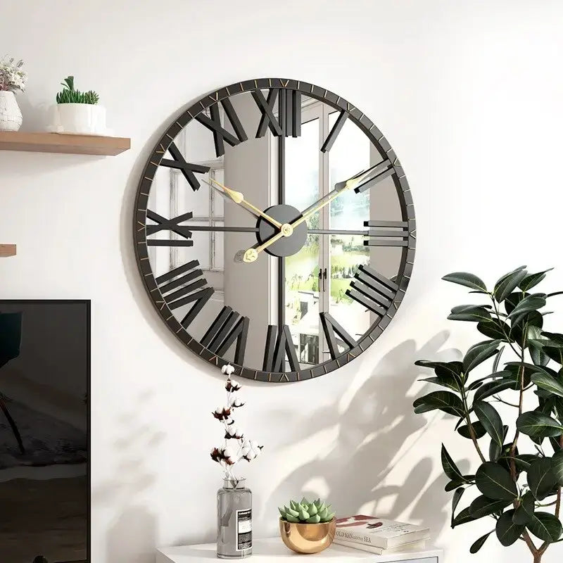 Black wall clock with Roman numerals and mirror - wall clock