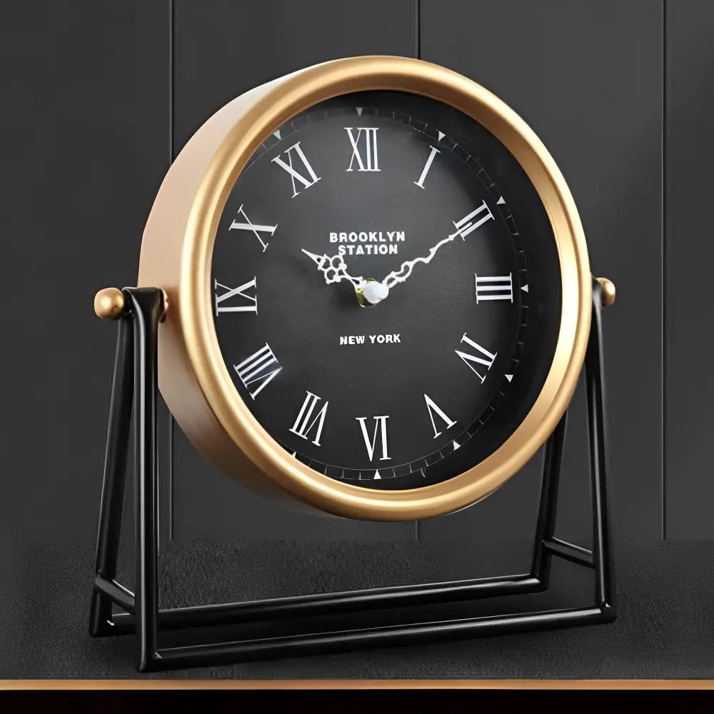 Close-up of ceramic body and metal base of Brooklyn Station clock