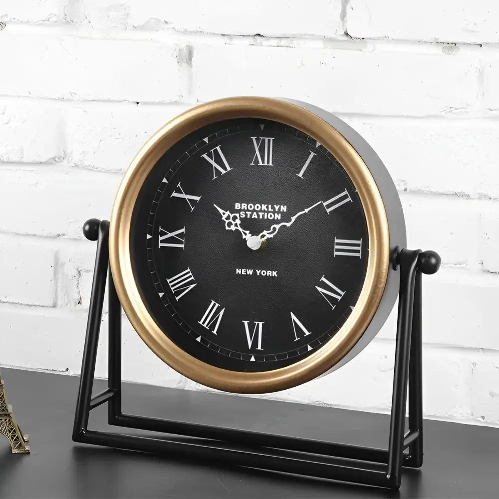 Retro American style tabletop clock styled in a living room setting