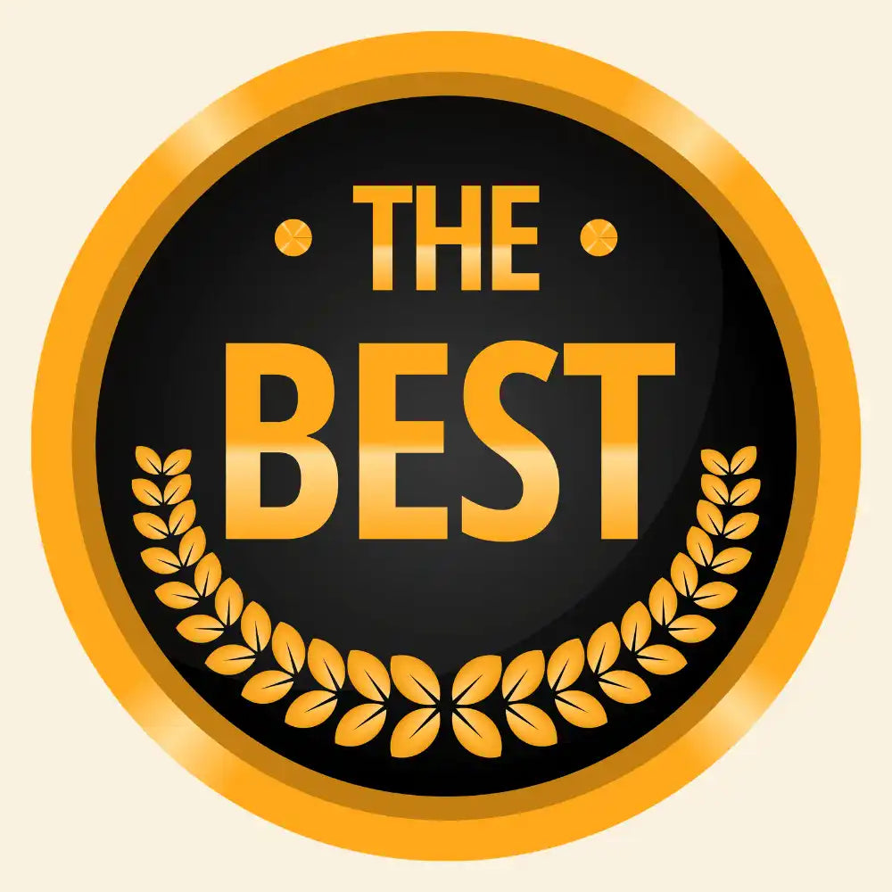 A circular gold and black badge with a laurel wreath design.