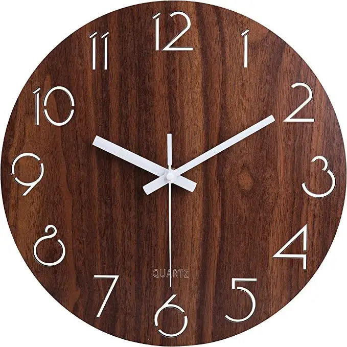 30 cm bamboo wall clock close-up showing analog hands and wood grain