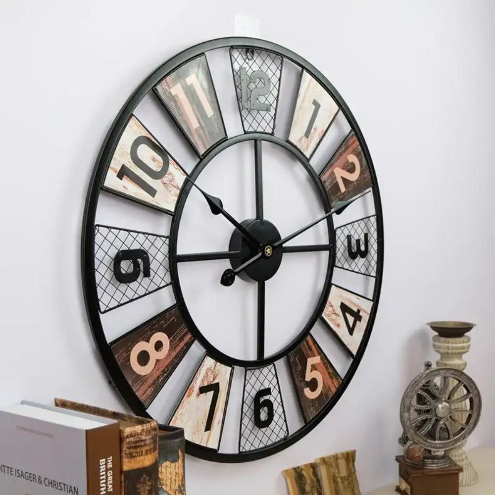 60 cm circular metal retro wall clock close-up showing clock hands