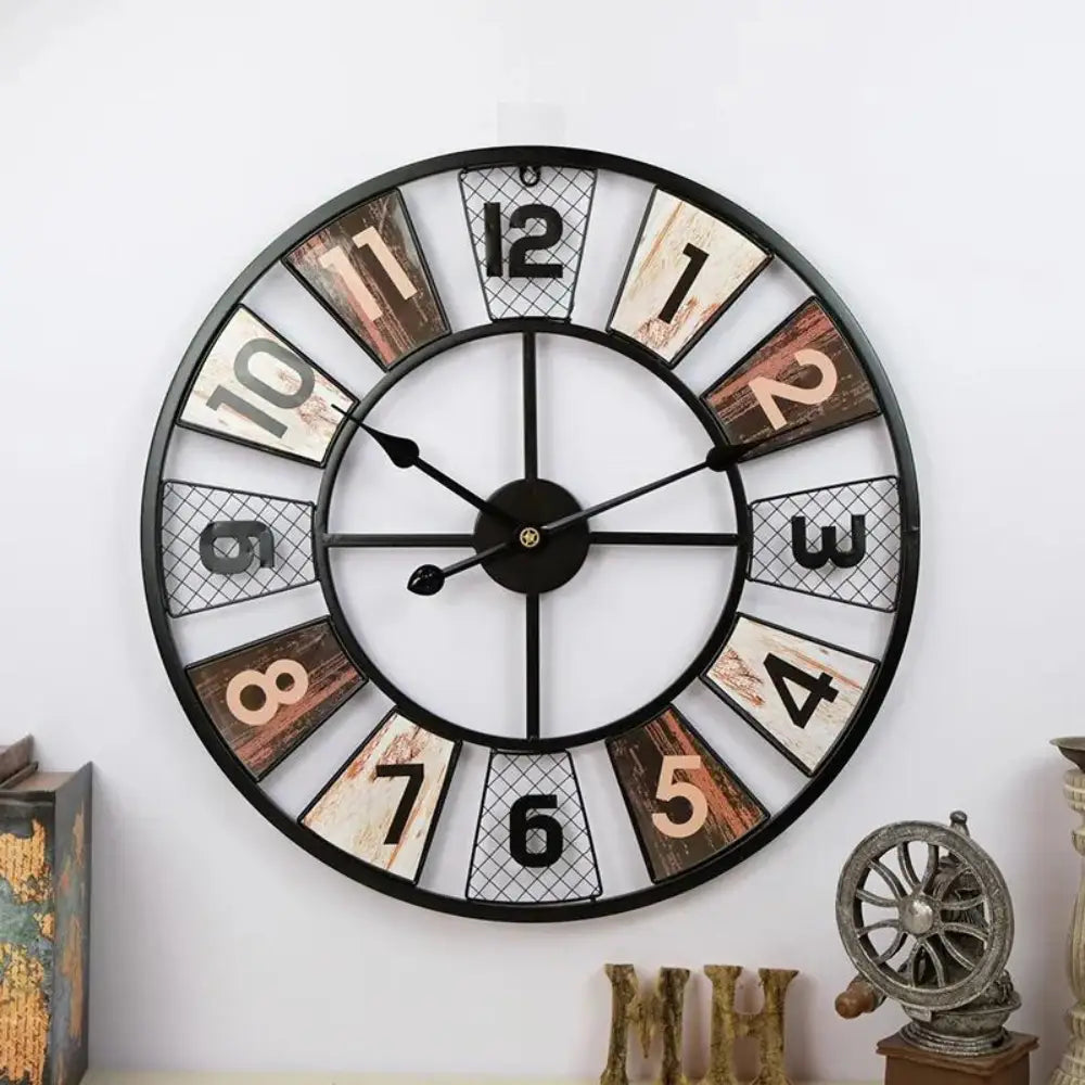 Large vintage-style industrial wall clock in a modern living room