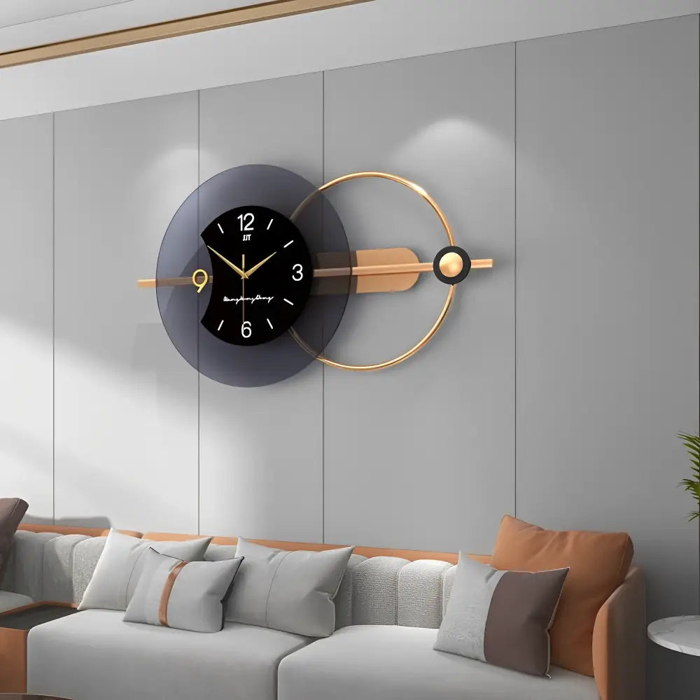 Close-up of analog hands and digital display on modern wall clock