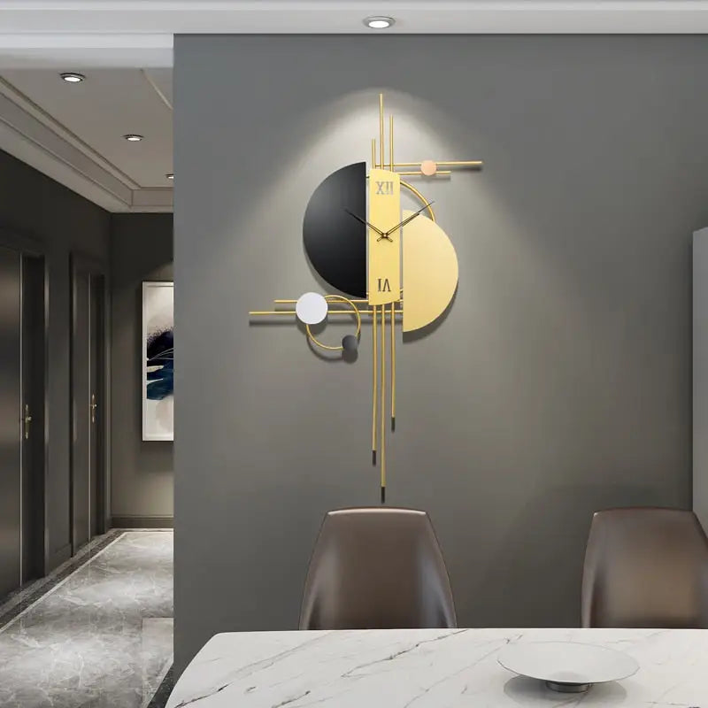 Geometric metal wall clock with analog hands mounted on white wall