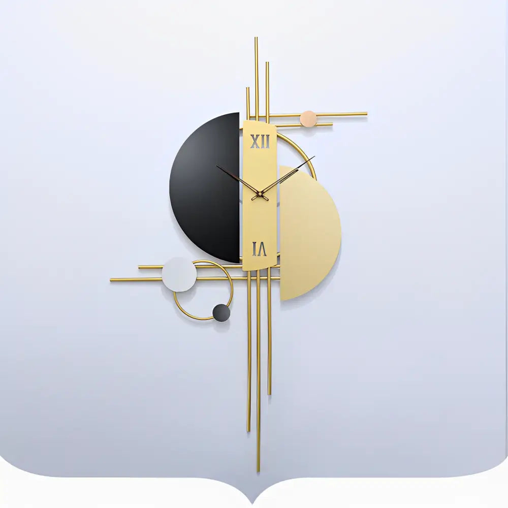 Large metal wall clock as a focal point above a modern sofa