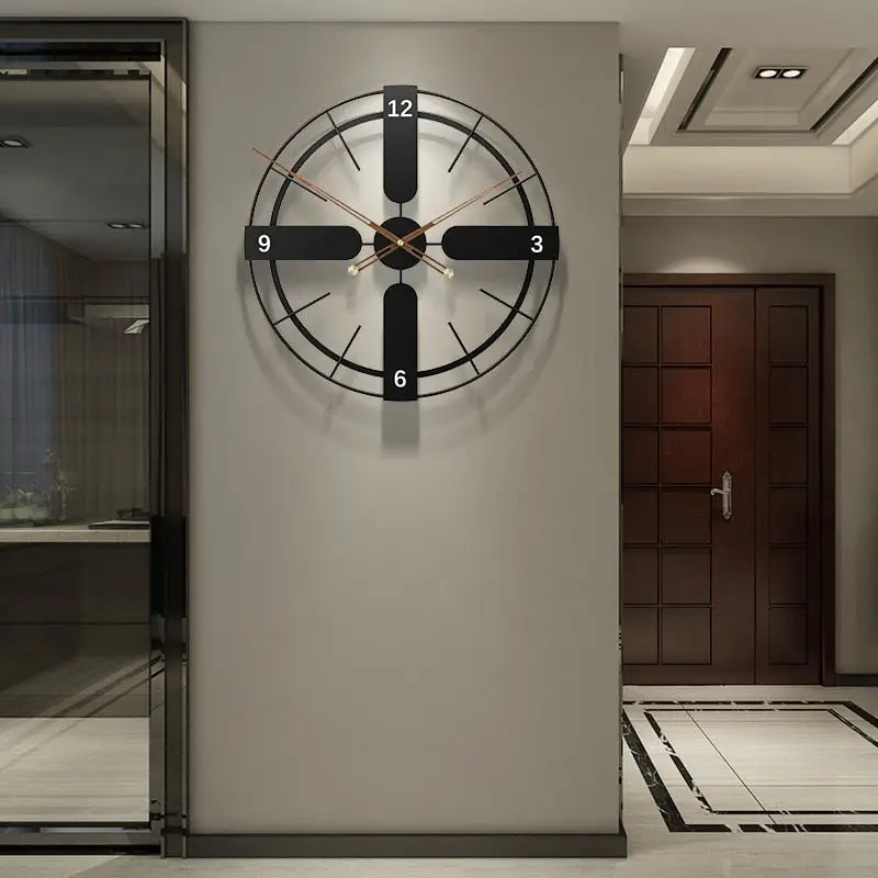 Close-up of silent quartz movement on large round metal wall clock