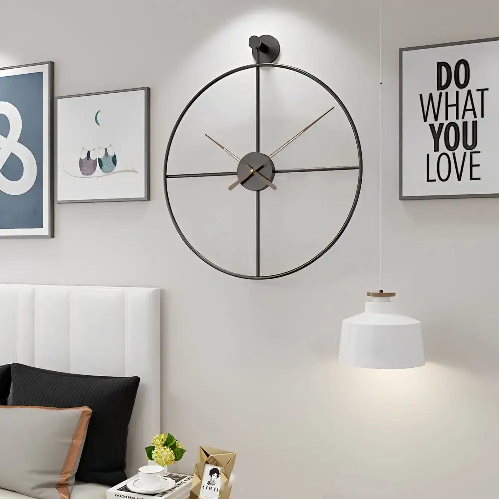 Modern metal wall clock 50 cm displayed in a contemporary living room setting