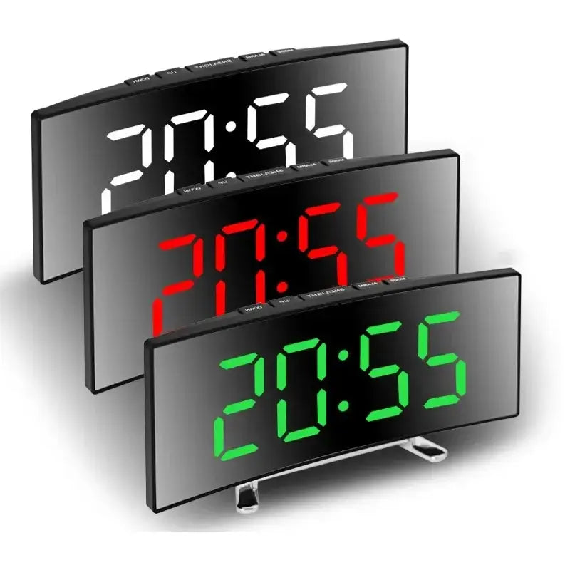 Green curved LED alarm clock on a bedroom nightstand