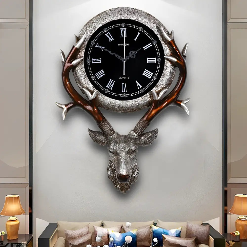 Gold deer head resin wall clock 70 x 52 cm on living room wall