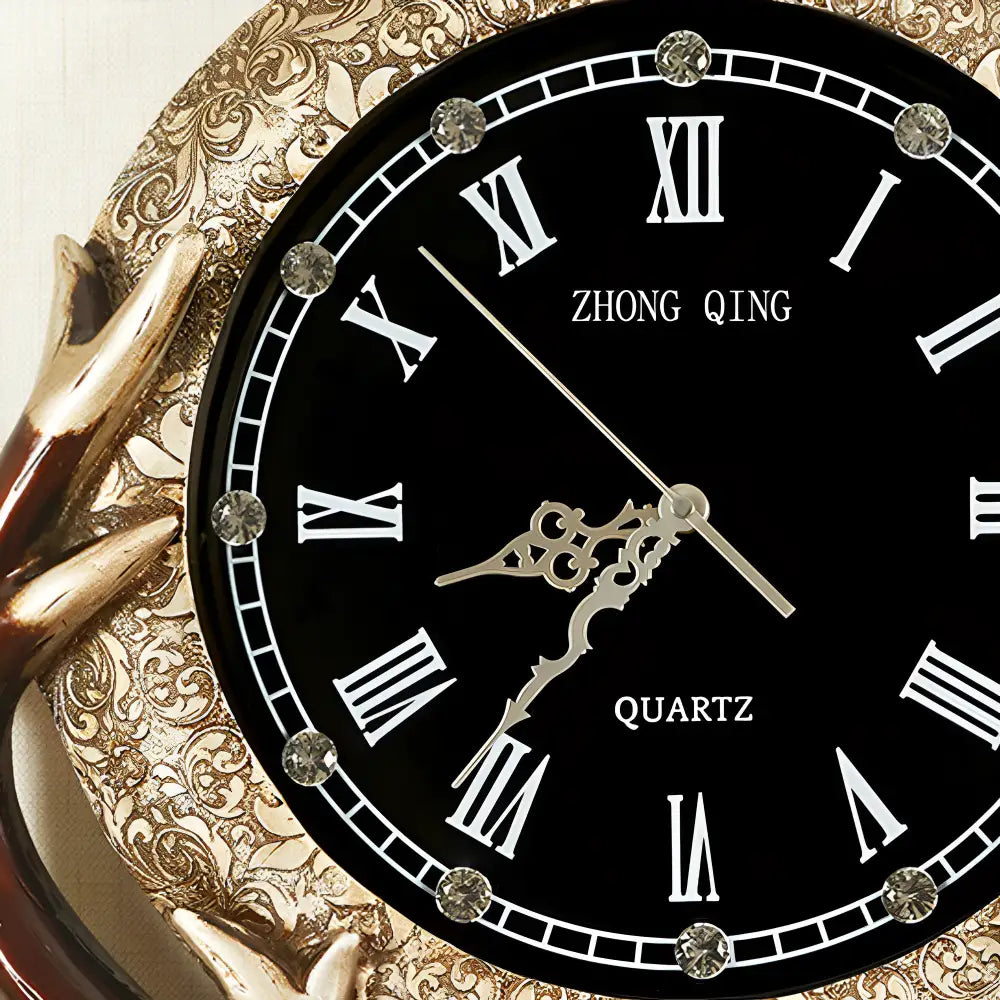 Copper finish deer head wall clock with sparkling stone detail and black PVC dial