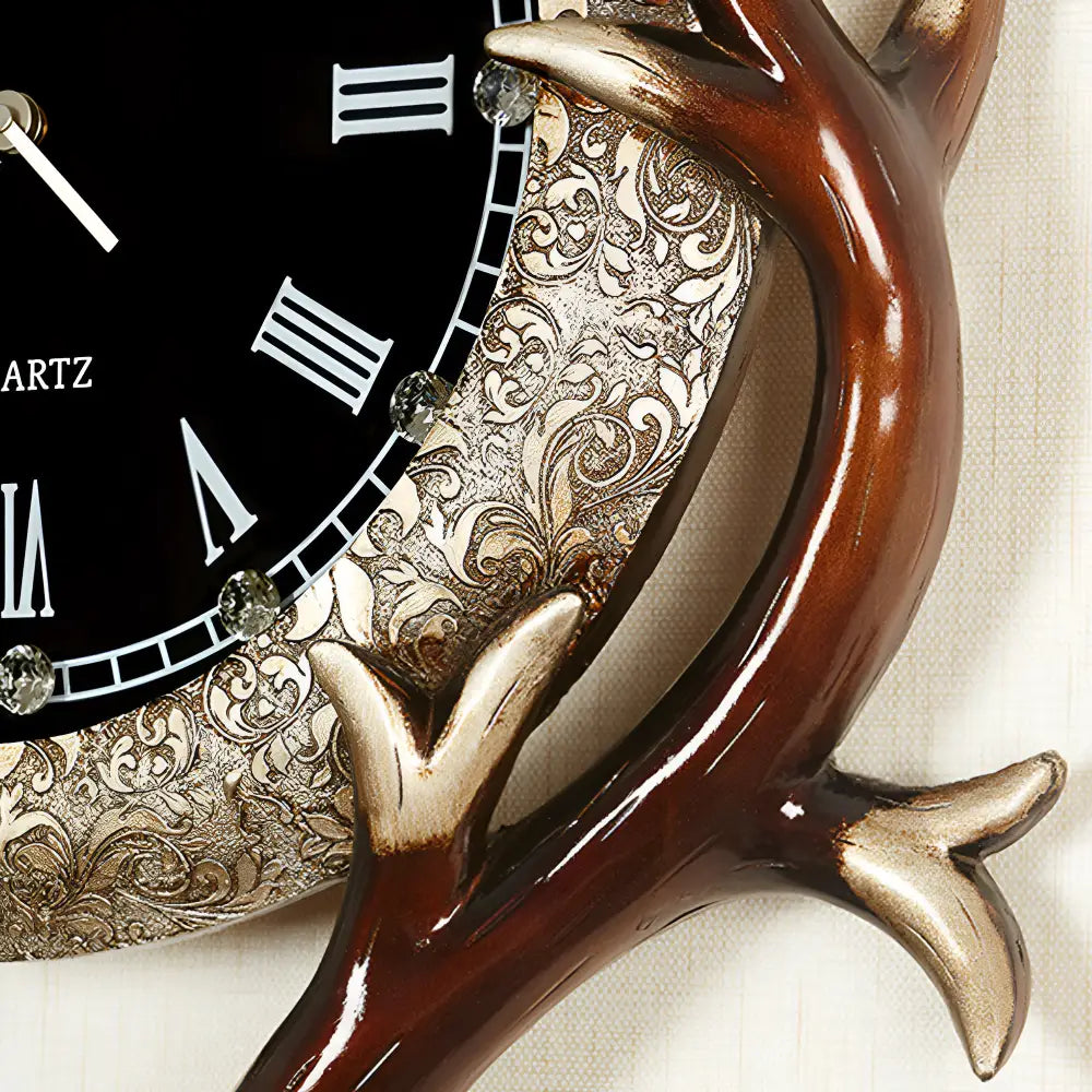 Close-up of silent Uranus quartz movement inside deer head wall clock