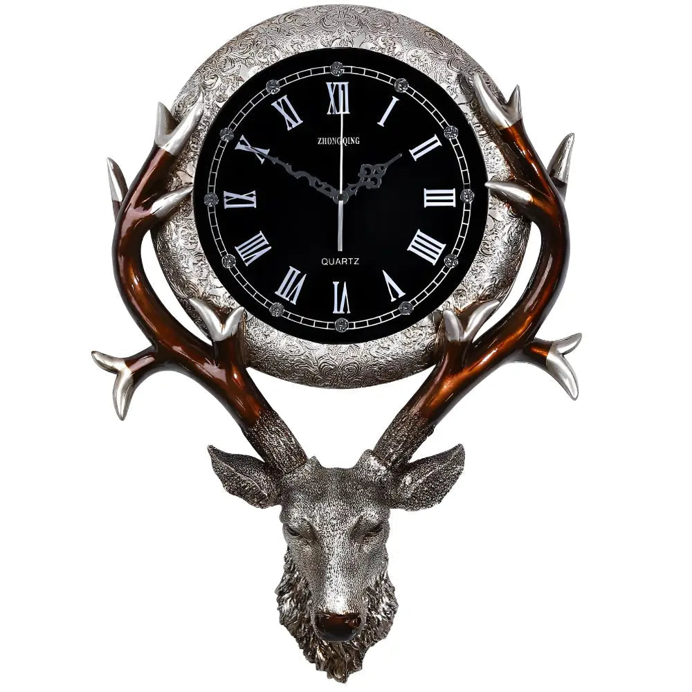Deer head wall clock styled in rustic cabin living room decor