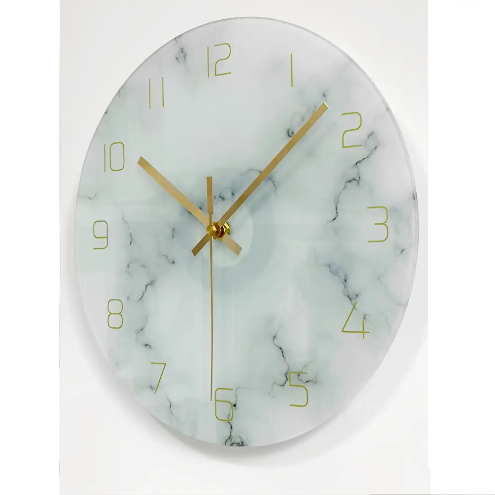 Glass wall clock in orange displayed in contemporary living room