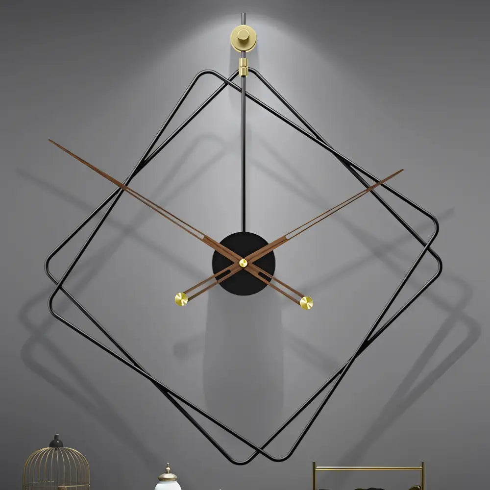 Close-up of silent quartz movement on geometric metal wall clock