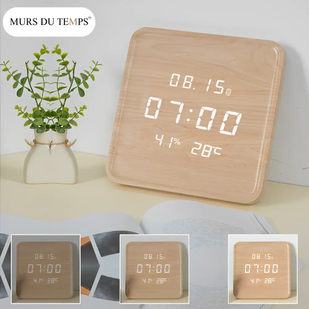 Light wood square digital wall clock showing time date and temperature
