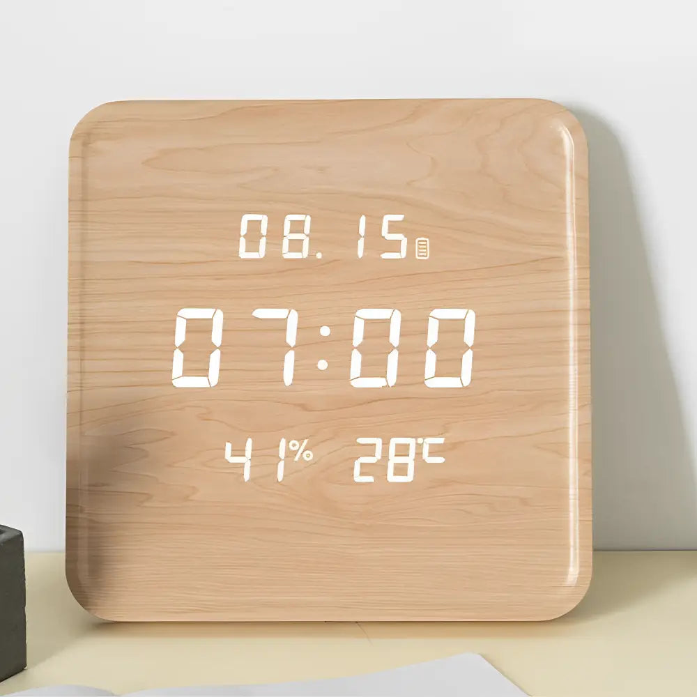 Bamboo LED wall clock with voice control close-up