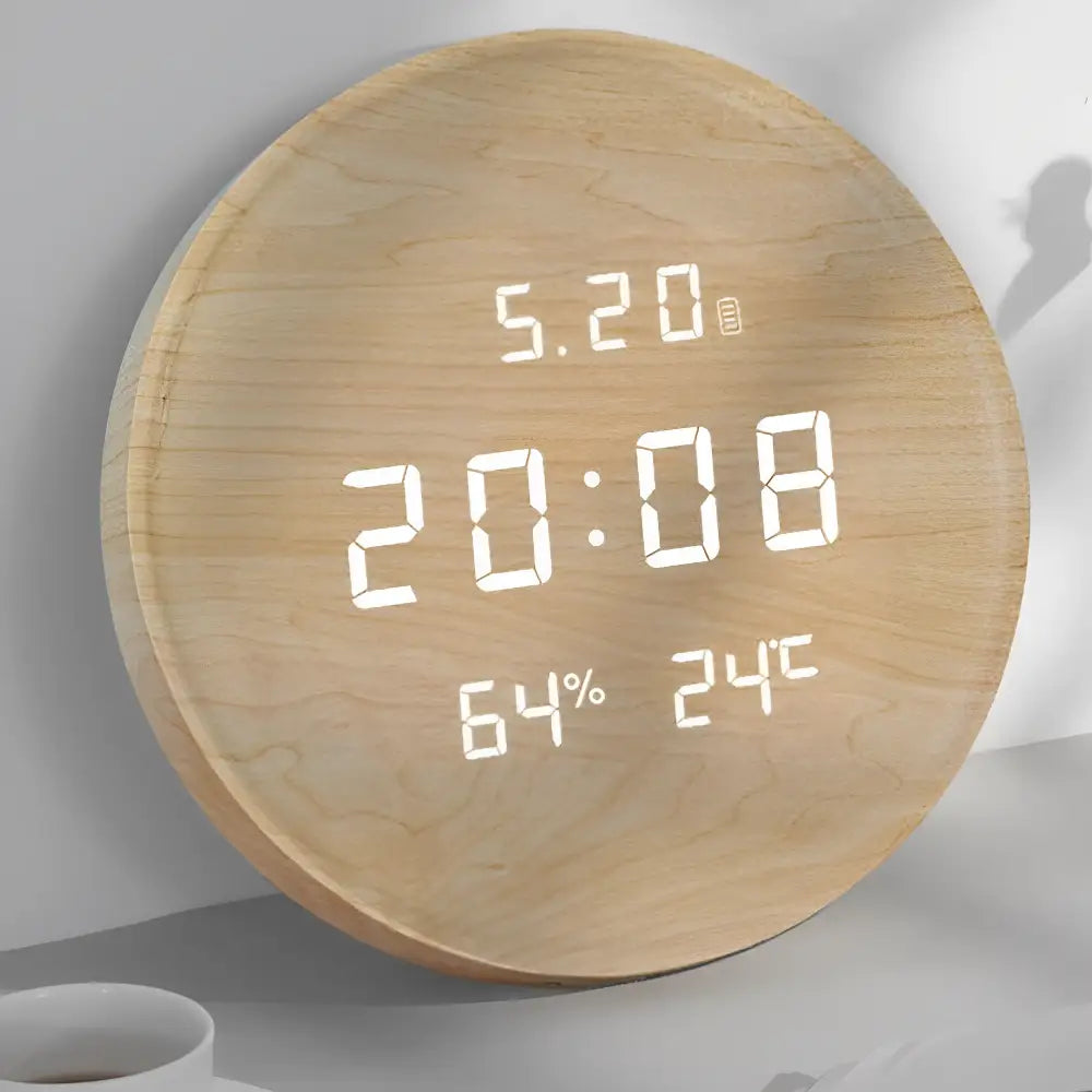 Round digital bamboo clock mounted on living room wall