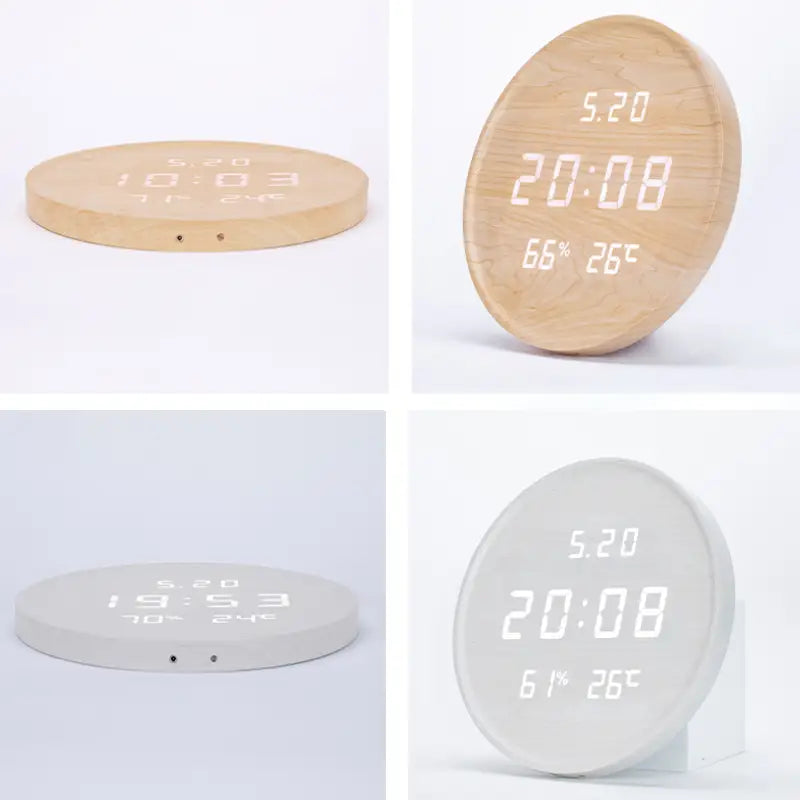 Dark wood digital wall clock showing date and room temperature